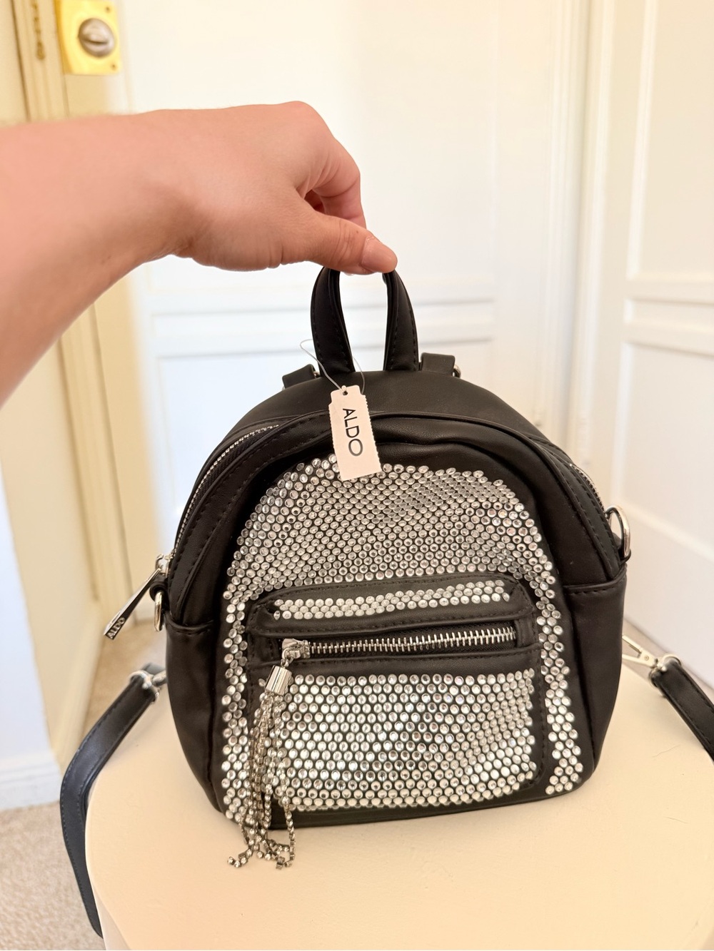 ALDO Black Mini Backpack with Silver Rhinestone Panels